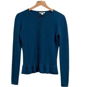 Garnet Hill Teal Cashmere Cardigan Sweater, Ruffle Hem,Long Sleeve,Round Neck,XS